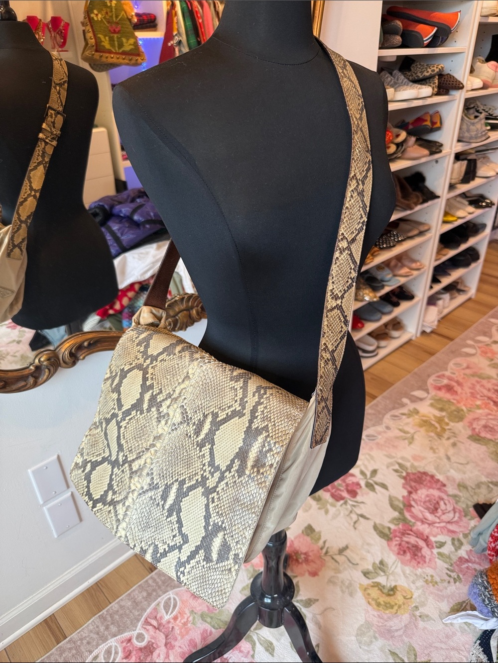 Prada Beige Nylon Tote with Snakeskin Accents - Picture 2 of 11